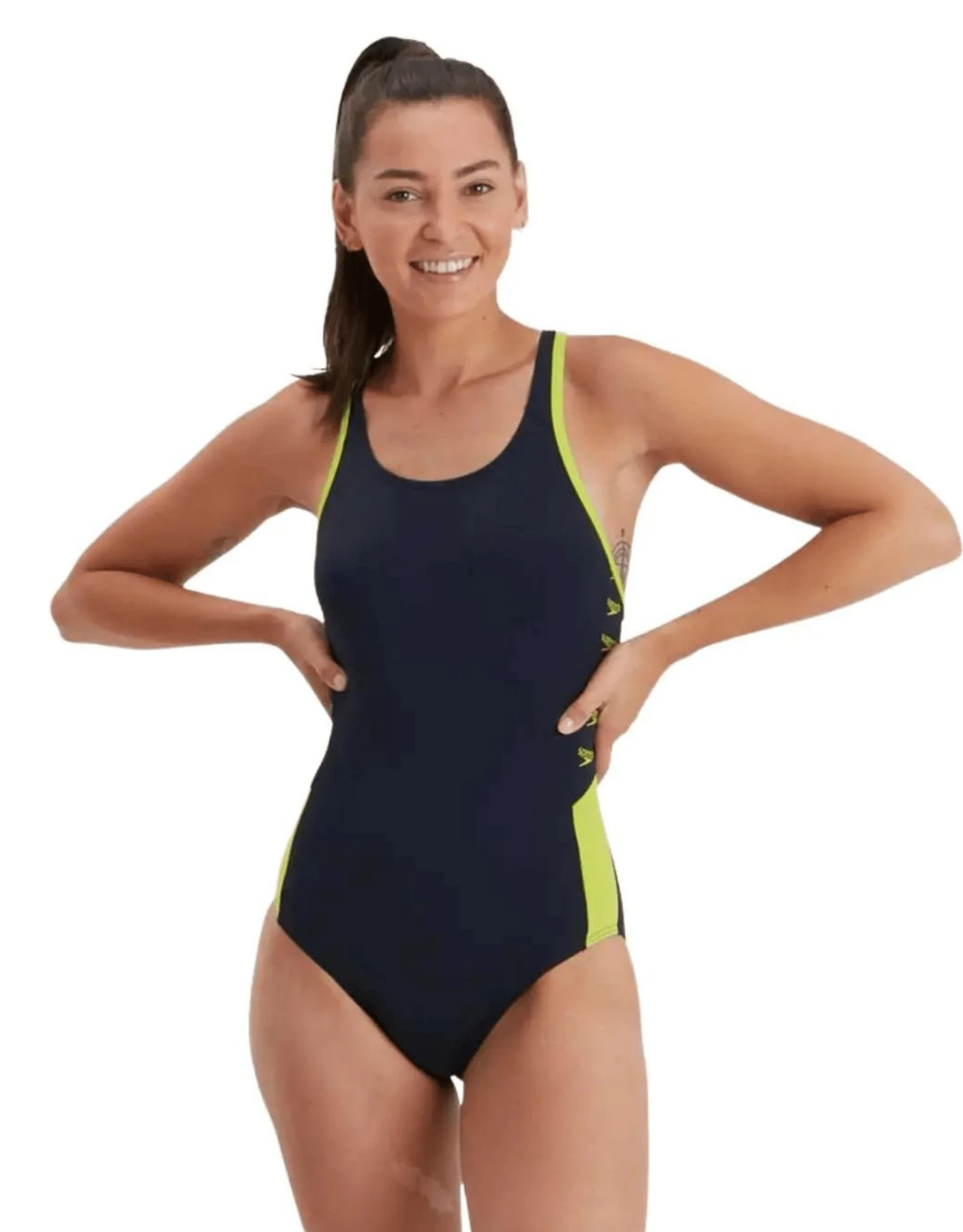 Speedo Boom Logo Splice Muscleback Swimsuit - Navy/Yellow 3 Speedo Boom Logo Splice Muscleback Swimsuit - Navy/Yellow