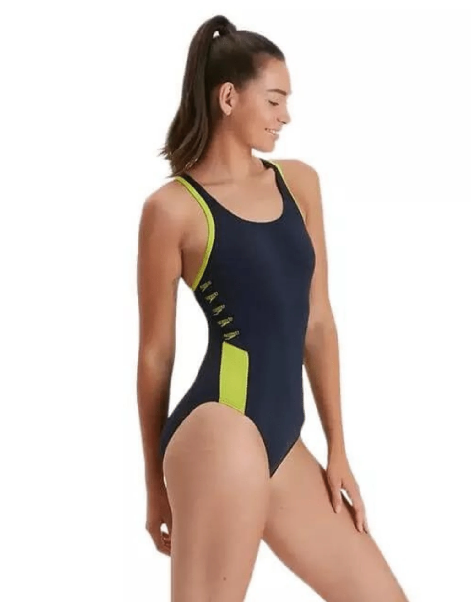 Speedo Boom Logo Splice Muscleback Swimsuit - Navy/Yellow 6 Speedo Boom Logo Splice Muscleback Swimsuit - Navy/Yellow - Image 4