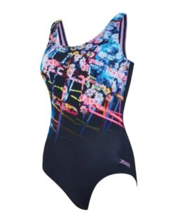 Zoggs Digital Daisy Actionback Swimsuit - Black/Purple -Swim District DigitalDaisyActionbackSwimsuit 1