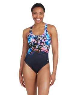 Zoggs Digital Daisy Actionback Swimsuit - Black/Purple -Swim District DigitalDaisyActionbackSwimsuit 5
