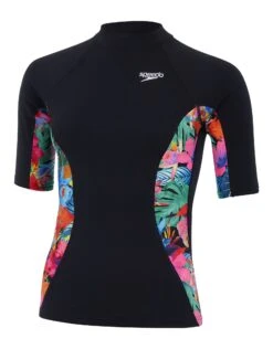 Speedo Printed Short Sleeved Rash Top - Black/Pink -Swim District Speedo Printed Rash Vest Black Pink Side